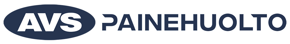 AVS Painehuolto logo jossa lukee AVS valkoisella tekstillä sinisellä pohjalla ja painehuolto valkoisella pohjalla sinisellä kirjoitettuna.